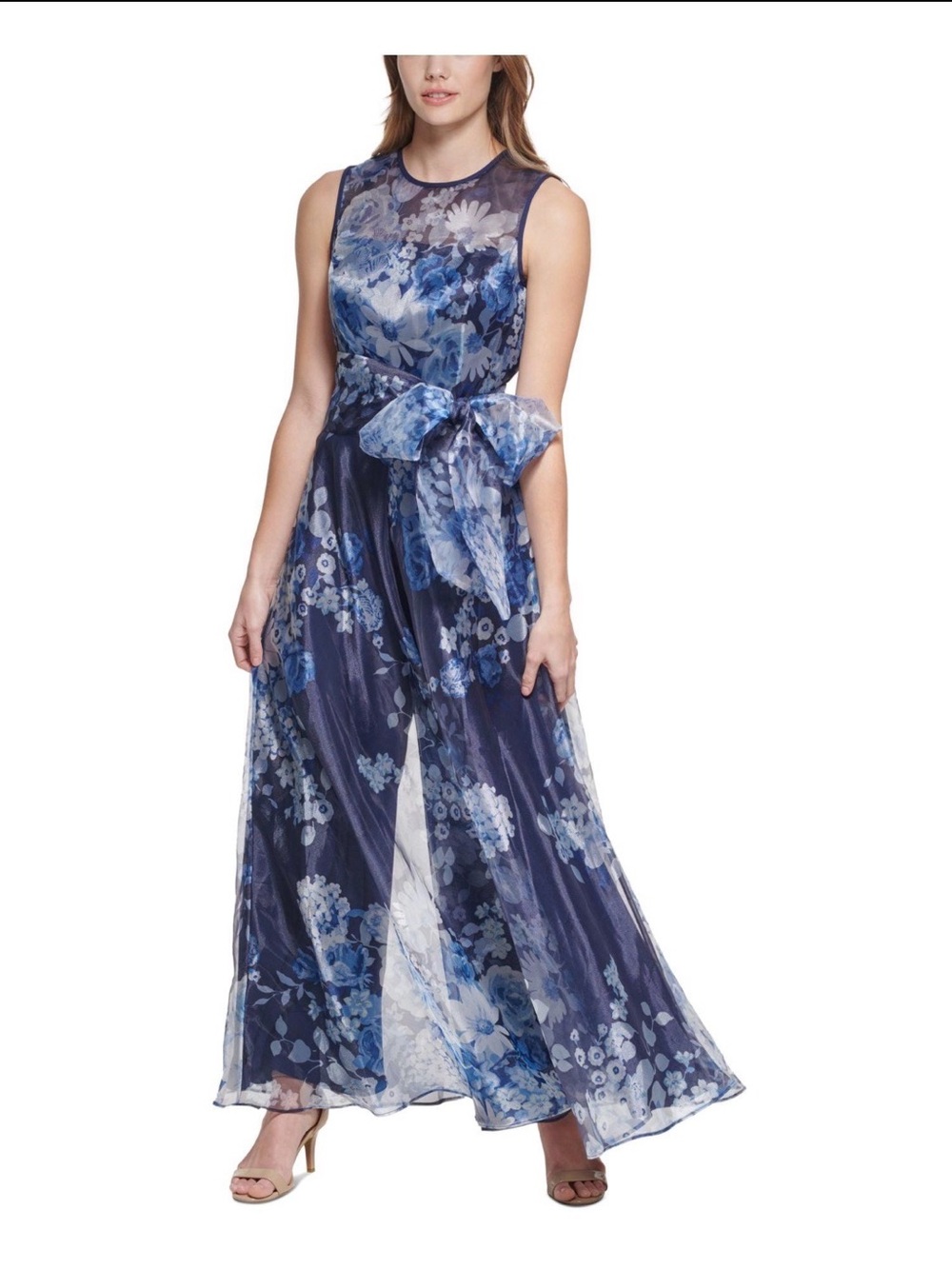 Eliza J Navy and Blue Floral Maxi Jumpsuit Dress with Bow Waist